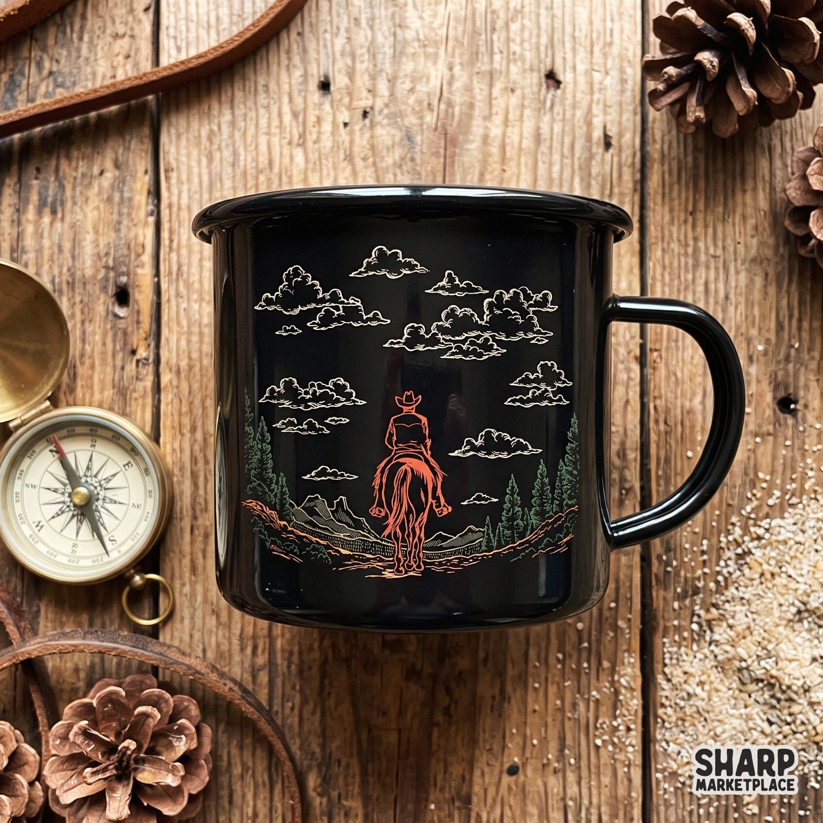 Vintage retro cowboy riding a horse into mountains for country music shirts and western rodeo apparel sublimation