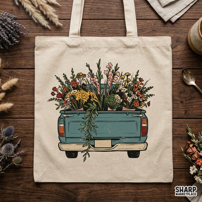 Blue vintage pickup truck tailgate full of wildflowers PNG graphic for spring Mother's Day shirts and sublimation