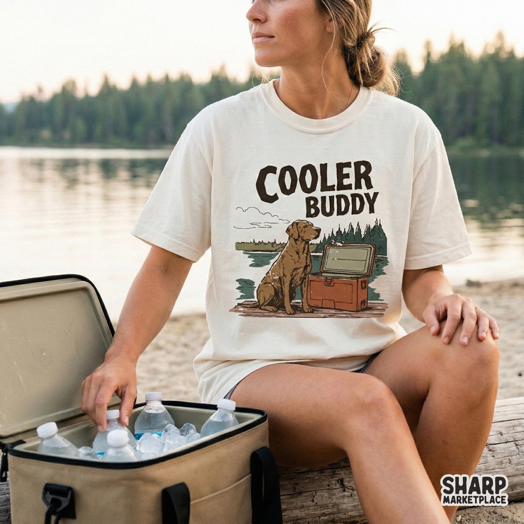 Rustic outdoorsy digital art with a dog and cooler, featuring muted forest tones and bold text for use on custom tumblers, shirts, or wall art.