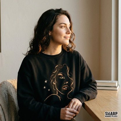 Elegant golden line art woman portrait with stars, aesthetic black girl png clipart design for t-shirt printing