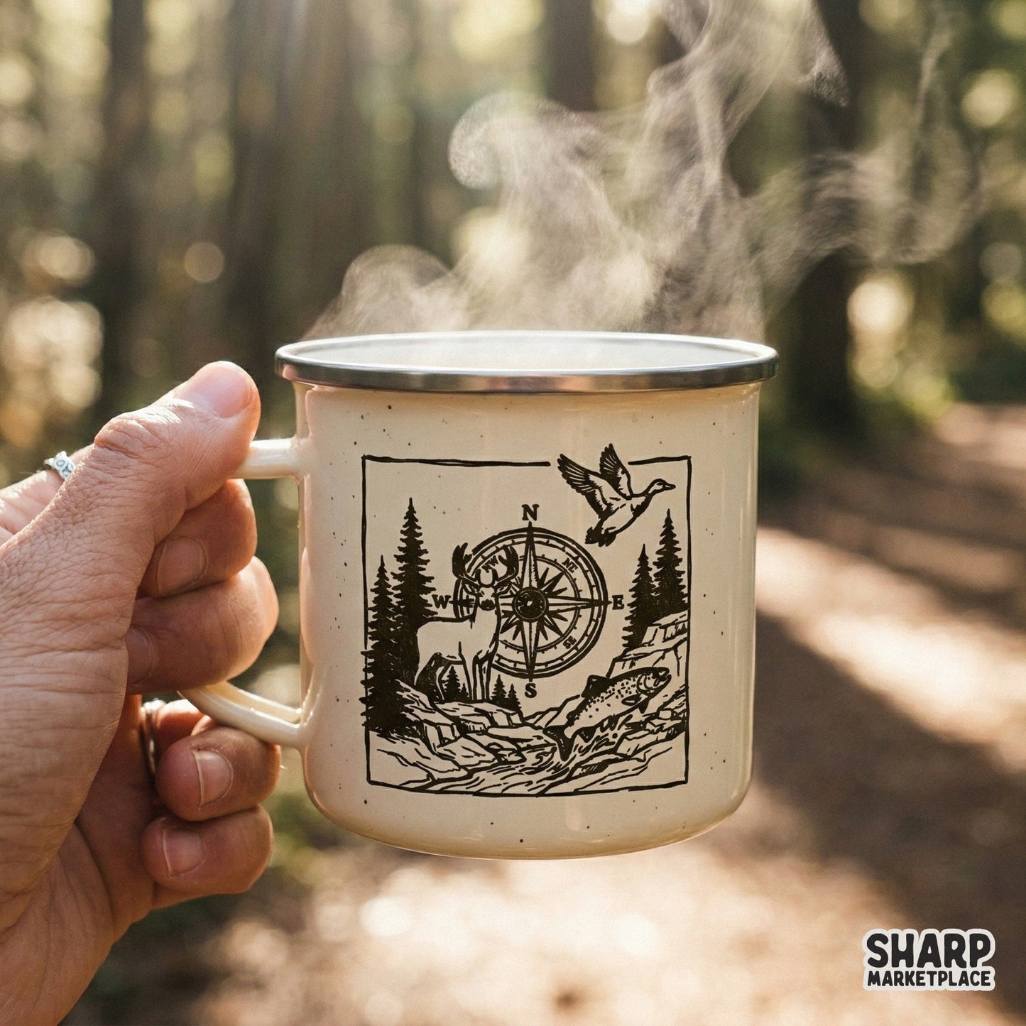 Detailed square wilderness illustration with pine trees and a compass, ideal for DIY camping-themed shirts, tumblers, and nature-inspired wall art.