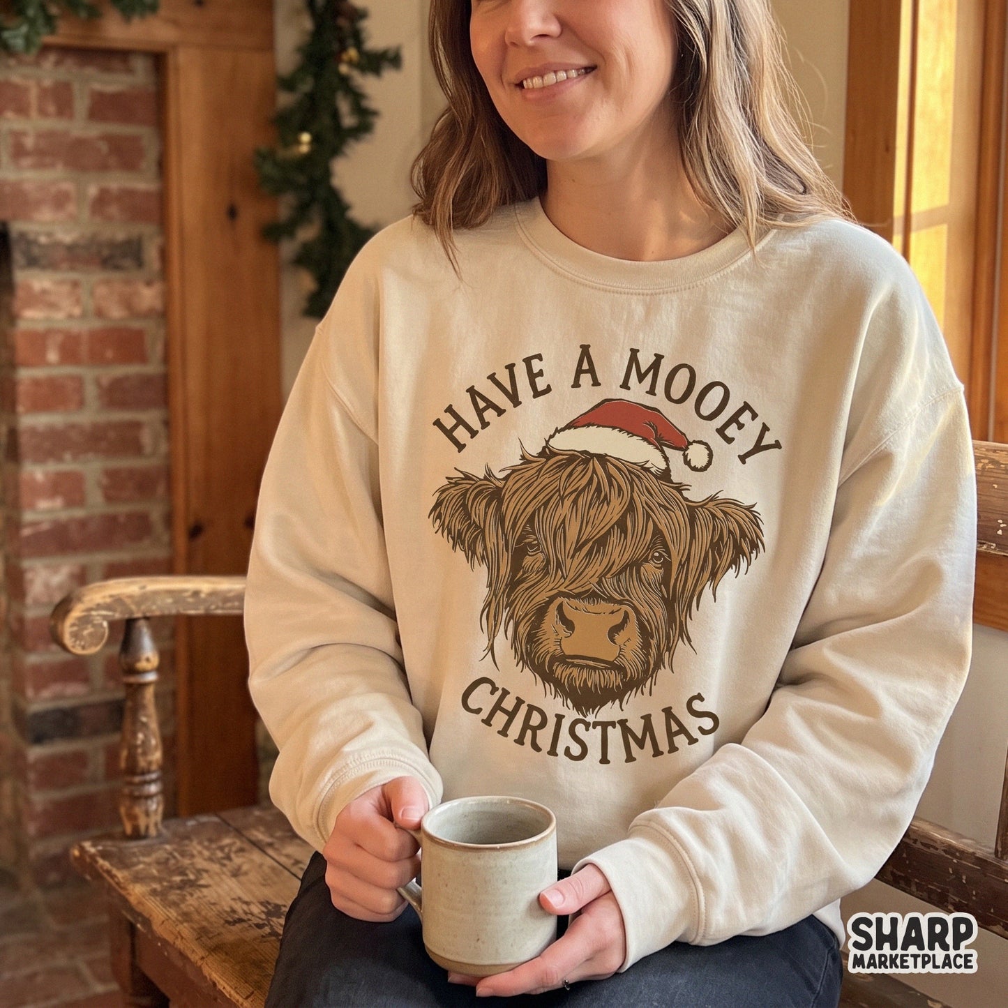 Retro highland cow wearing a santa hat for funny christmas sublimation png designs and holiday shirts