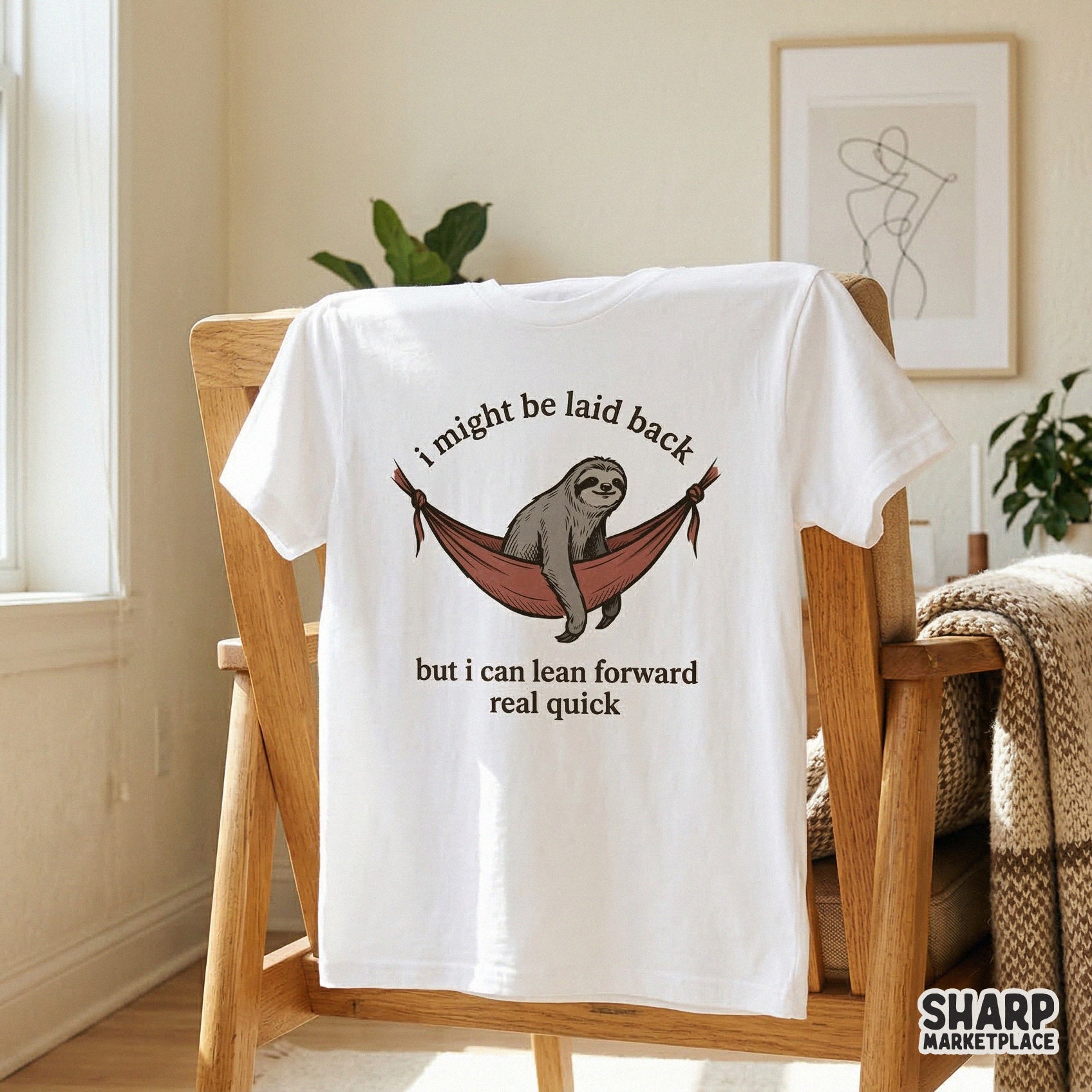 Cute and witty sloth artwork with a warm color palette, ideal for print-on-demand projects like t-shirts, wall art, and personalized gifts.