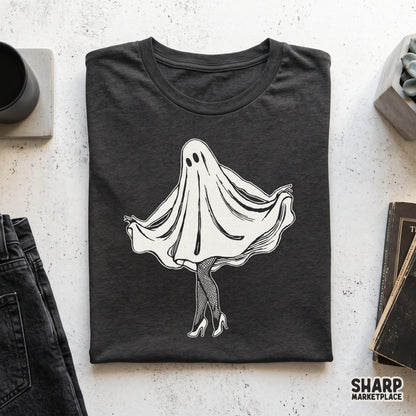 Sassy ghost wearing fishnets and high heels illustration for a spooky shirt halloween png graphic