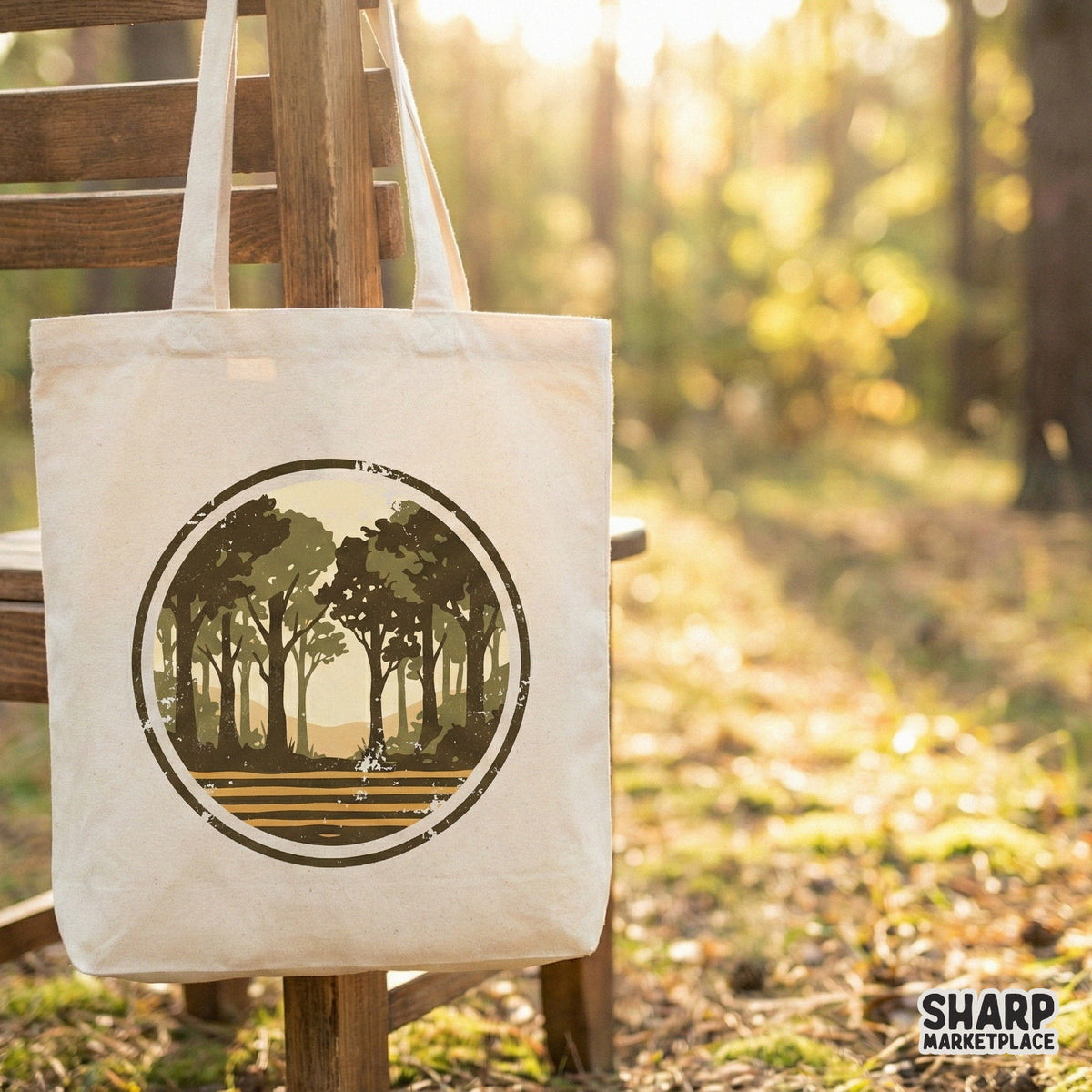 Vintage-inspired circular nature illustration featuring textured trees and a warm horizon, suitable for printable stickers, tumblers, and apparel.