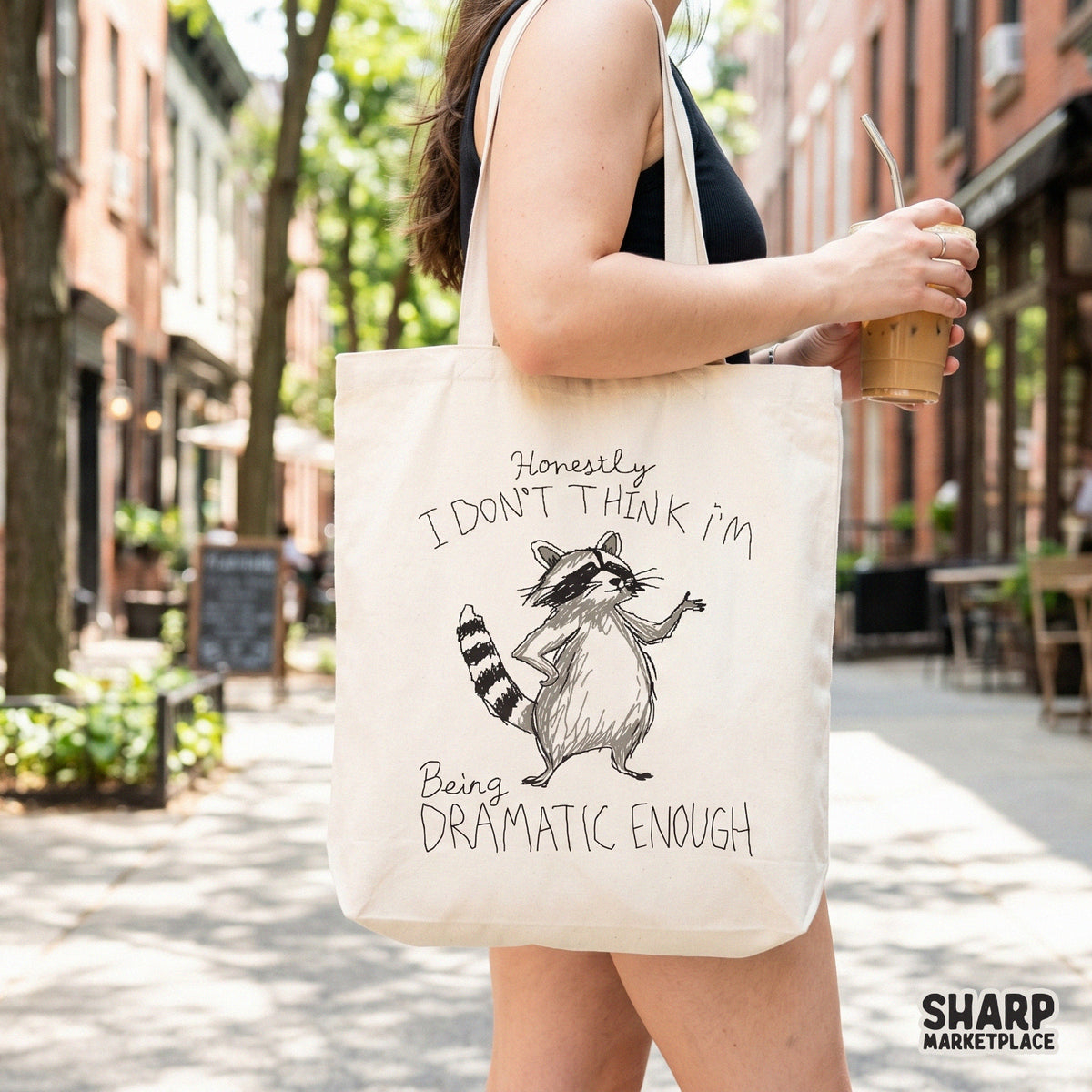 Sarcastic trash panda design featuring a whimsical raccoon and funny quote on a white tote bag, perfect for DIY shirt printing and sticker projects.