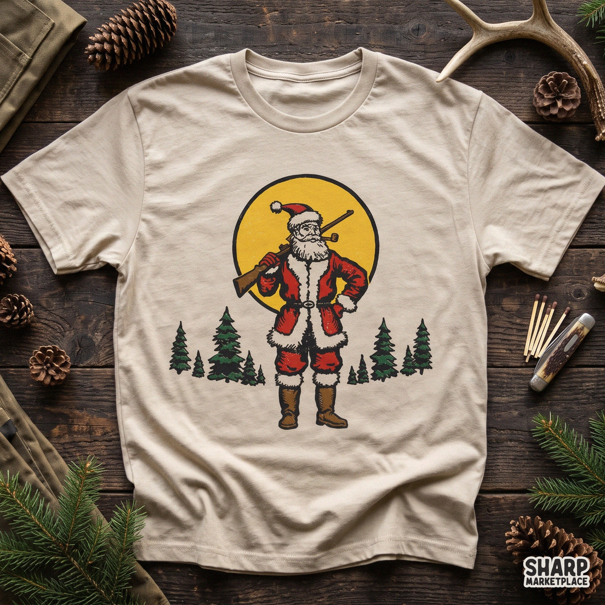 Vintage Santa Claus hunting with a rifle in a pine forest retro Christmas PNG shirt design for holiday apparel