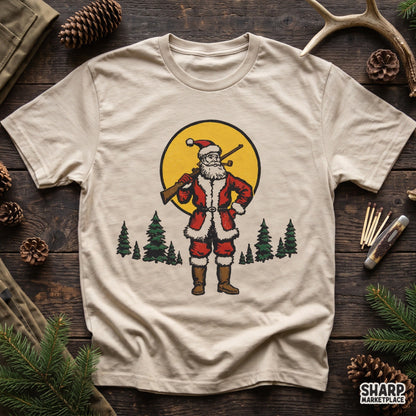 Vintage Santa Claus hunting with a rifle in a pine forest retro Christmas PNG shirt design for holiday apparel