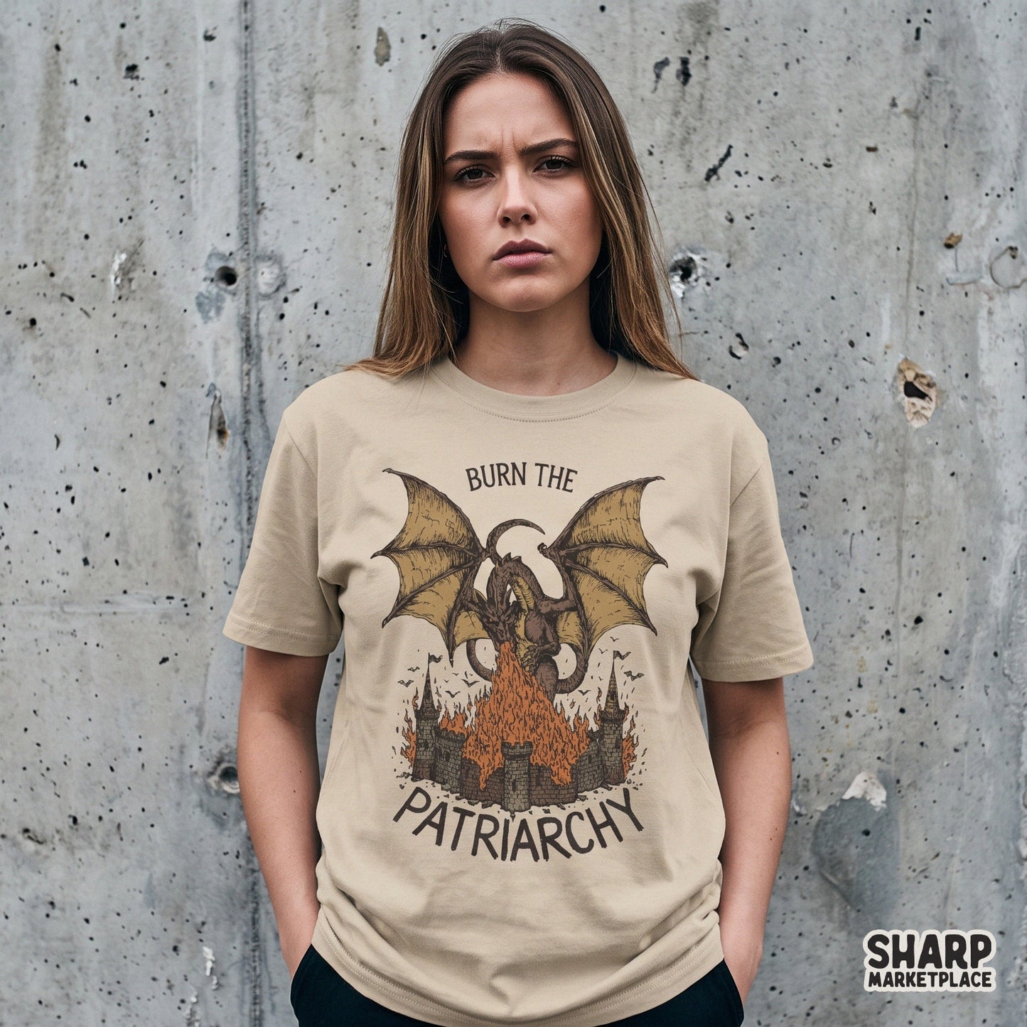 Retro feminist dragon breathing fire on a castle sarcastic fantasy graphic for sublimation t-shirts and apparel prints