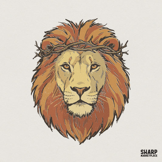 Lion Head Crown of Thorns PNG, Christian Lion Art PNG - 300 DPI Design