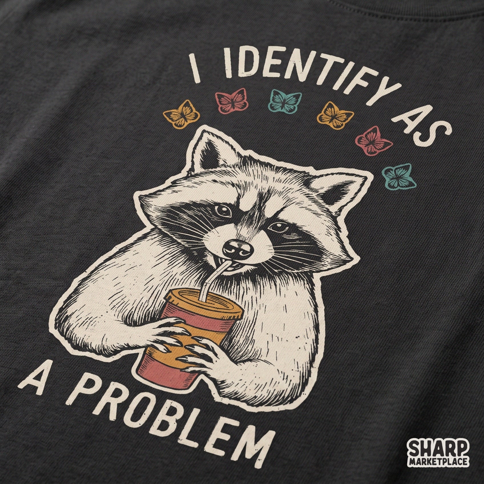 Sarcastic retro coffee trash panda butterfly design for funny animal memes png shirts and sublimation