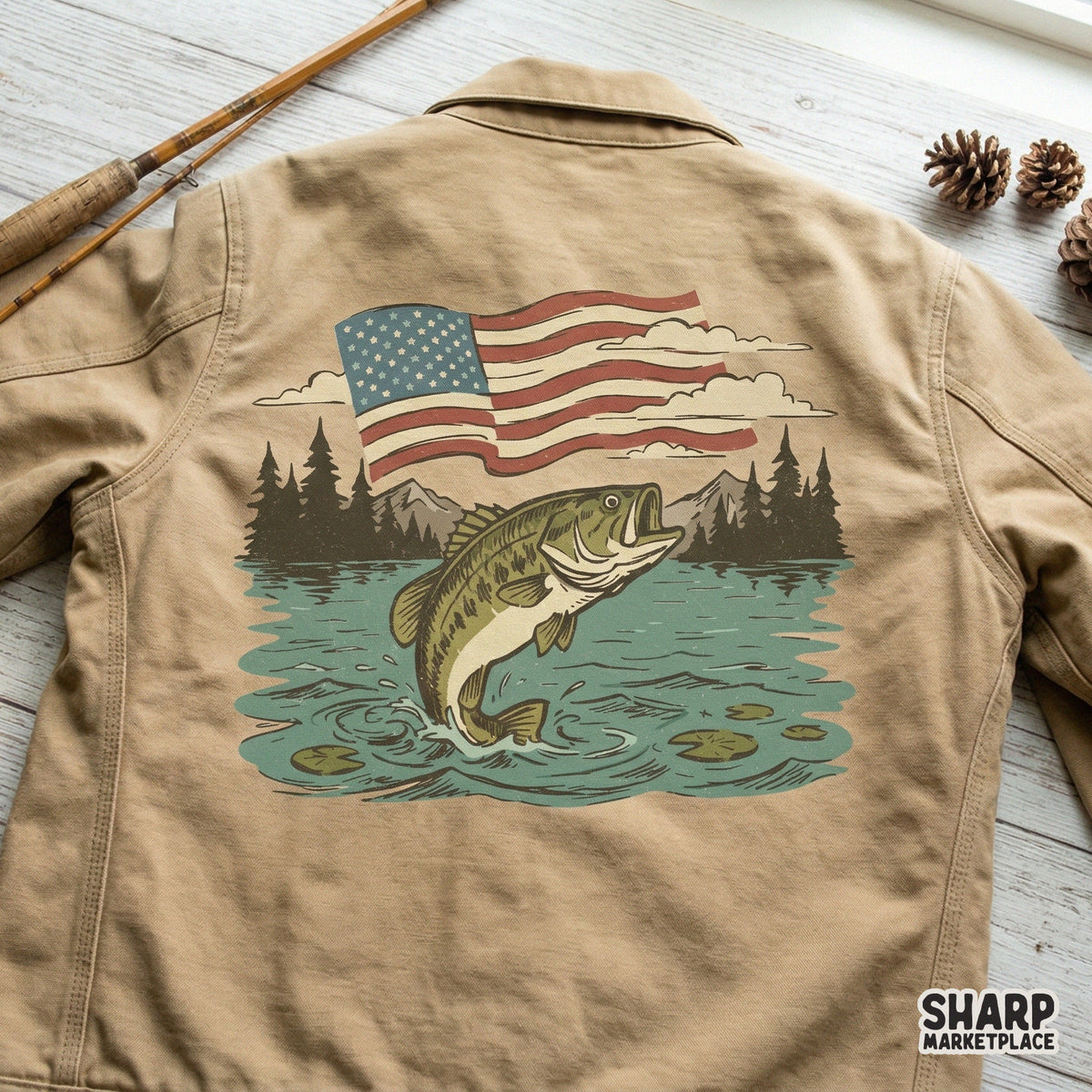 Distressed outdoor graphic design with a bass fish, lake scene, and American flag, perfect for custom fishing shirts, tumblers, and summer DIY projects.