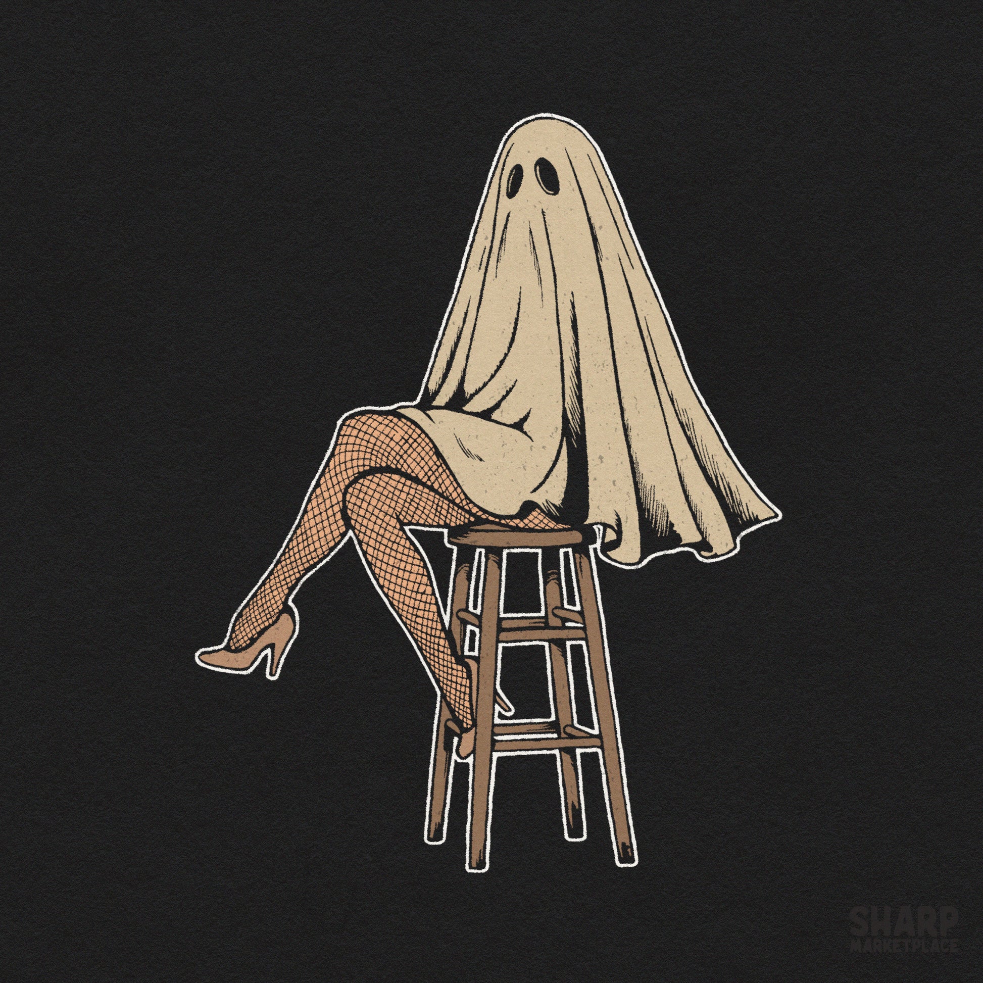 Funny sheet ghost in fishnet stockings sitting on a stool halloween png design for custom t-shirts and spooky season apparel