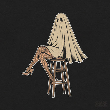 Funny sheet ghost in fishnet stockings sitting on a stool halloween png design for custom t-shirts and spooky season apparel