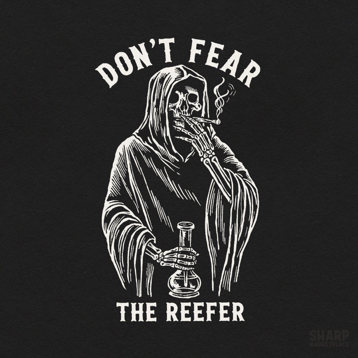 Funny retro skeleton grim reaper holding a bong for Halloween 420 stoner sublimation and digital tee designs
