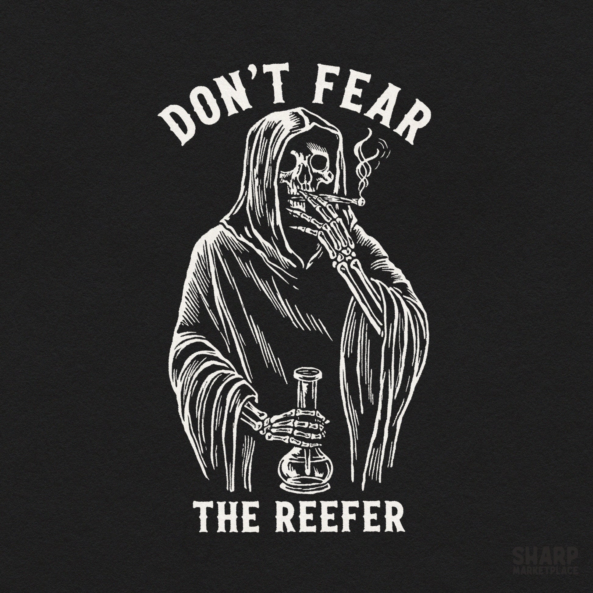 Funny retro skeleton grim reaper holding a bong for Halloween 420 stoner sublimation and digital tee designs