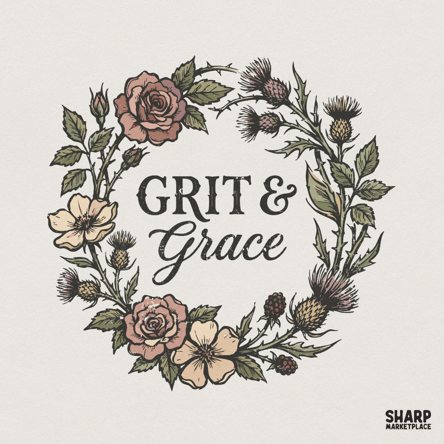 Grit & Grace PNG Floral Wreath, Inspirational Quote Shirt Design - 300