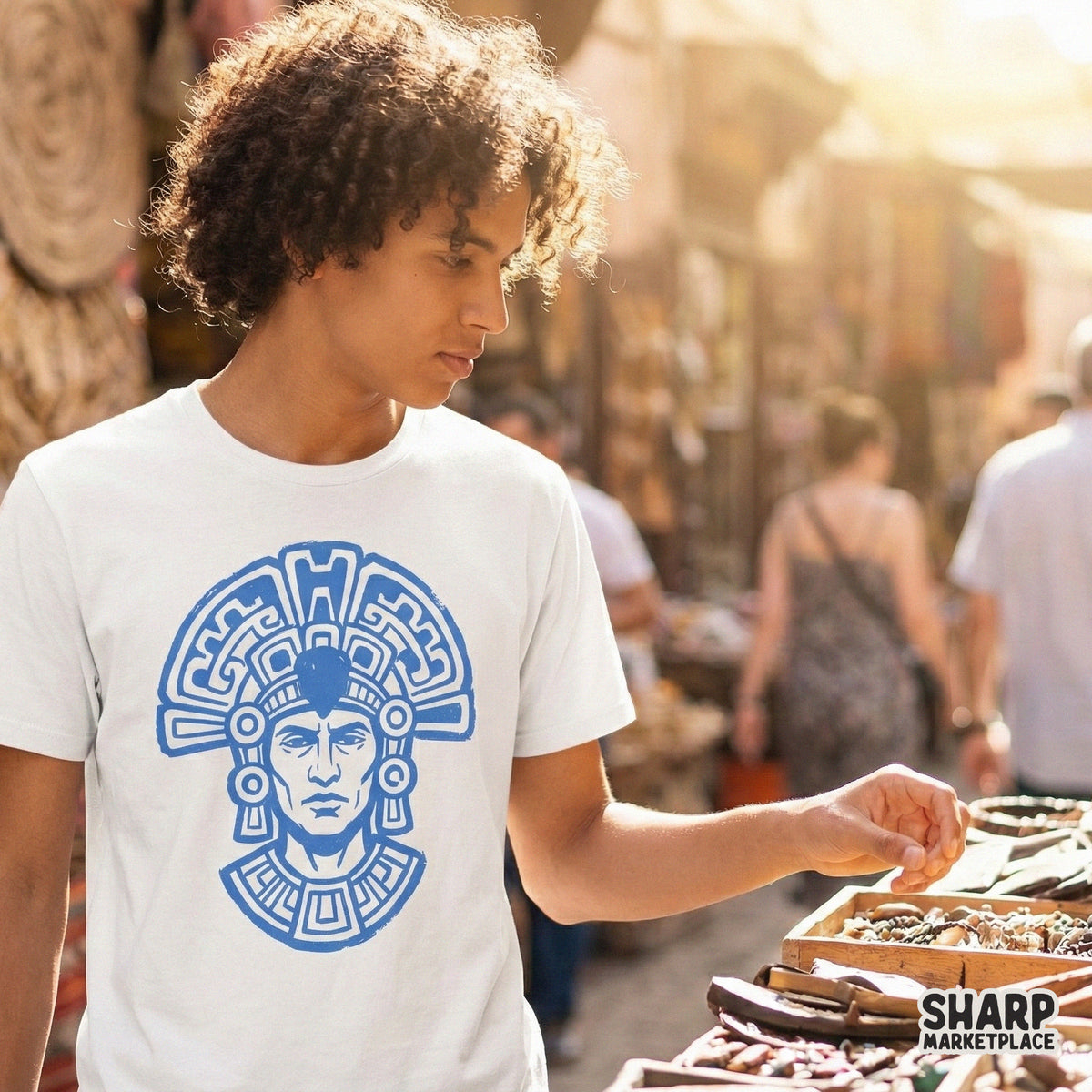 High-contrast blue tribal warrior head design with geometric headdress patterns, suitable for stickers, tumblers, and various DIY craft projects.