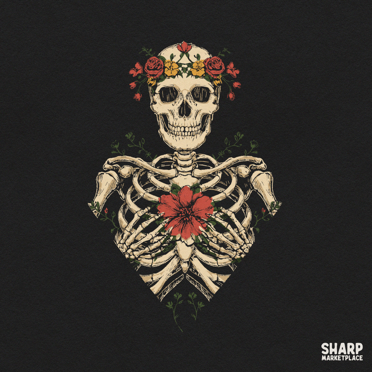 Floral skeleton torso with red bloom and flower crown for spooky Halloween sublimation prints