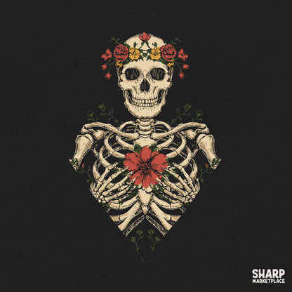 Floral skeleton torso with red bloom and flower crown for spooky Halloween sublimation prints