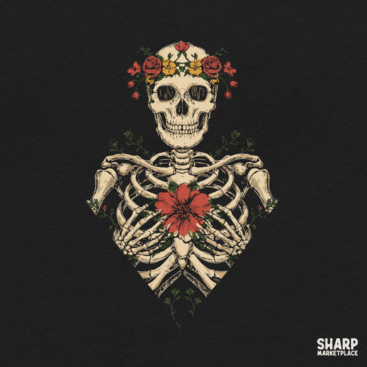Floral skeleton torso with red bloom and flower crown for spooky Halloween sublimation prints
