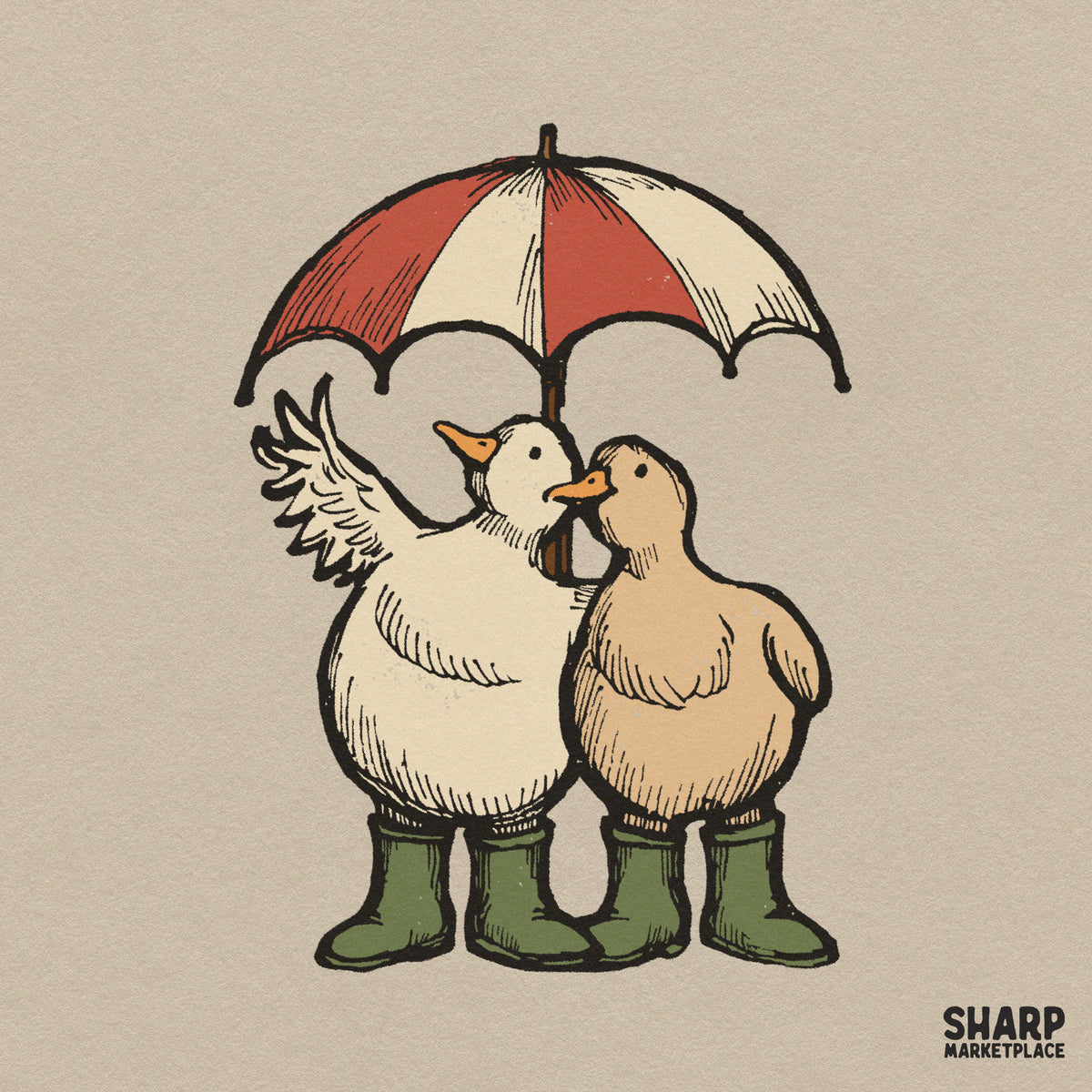 Two cute ducks wearing green rainboots under an umbrella retro spring showers PNG graphic for sublimation craft designs