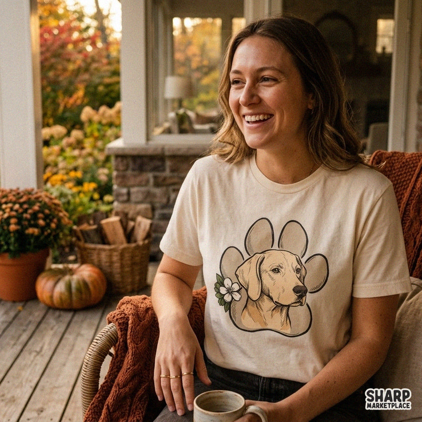 Yellow lab face with floral paw print sublimation PNG graphic for trendy dog mom t-shirts and spring apparel