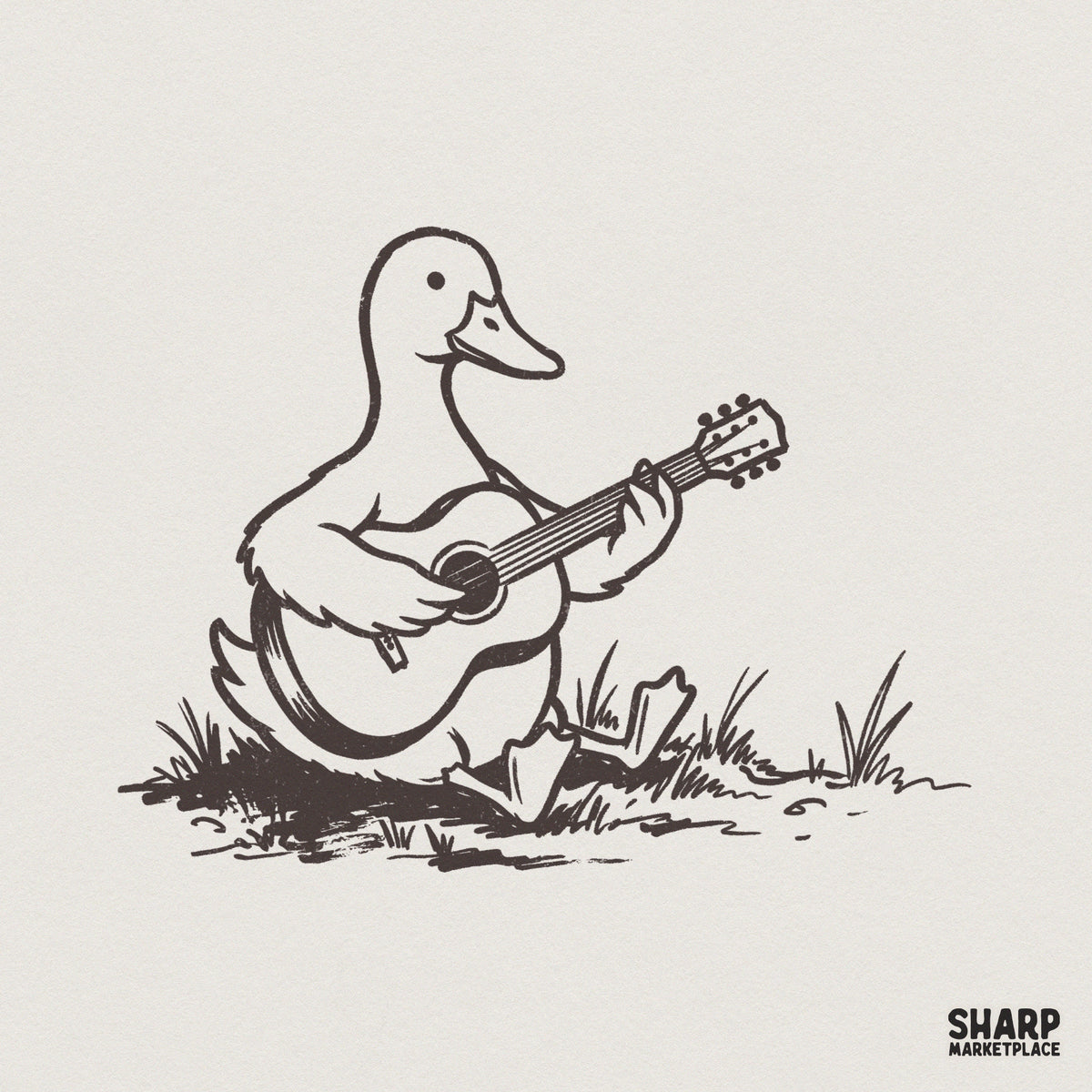 Whimsical line art illustration of a cute cartoon duck sitting and playing an acoustic guitar, perfect for sublimation or apparel printing.