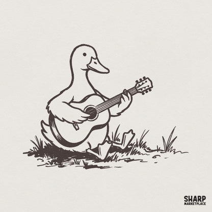 Whimsical line art illustration of a cute cartoon duck sitting and playing an acoustic guitar, perfect for sublimation or apparel printing.