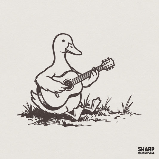 Whimsical line art illustration of a cute cartoon duck sitting and playing an acoustic guitar, perfect for sublimation or apparel printing.