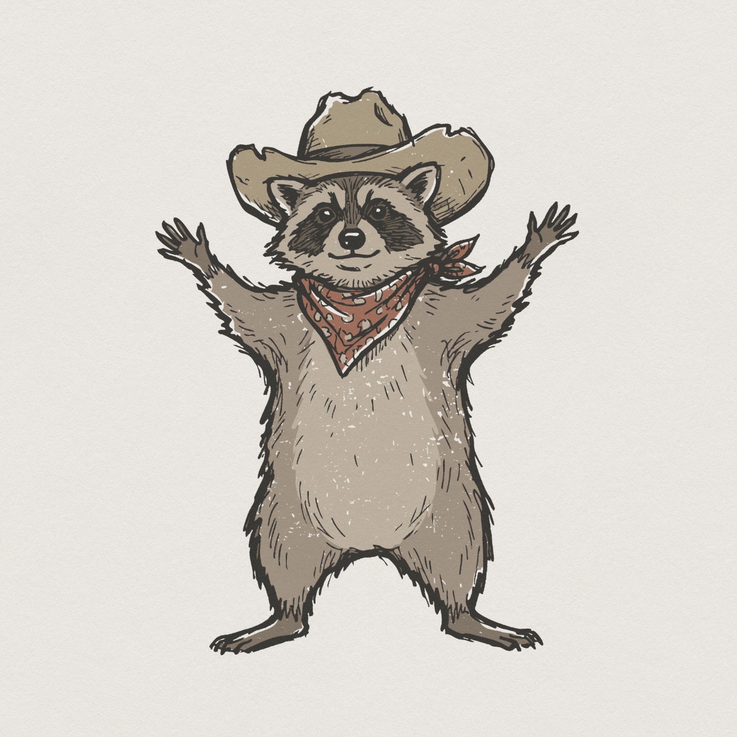 Vintage style hand-drawn cowboy raccoon wearing a western hat and bandana, perfect for sublimation shirts, stickers, and rustic country-themed apparel.