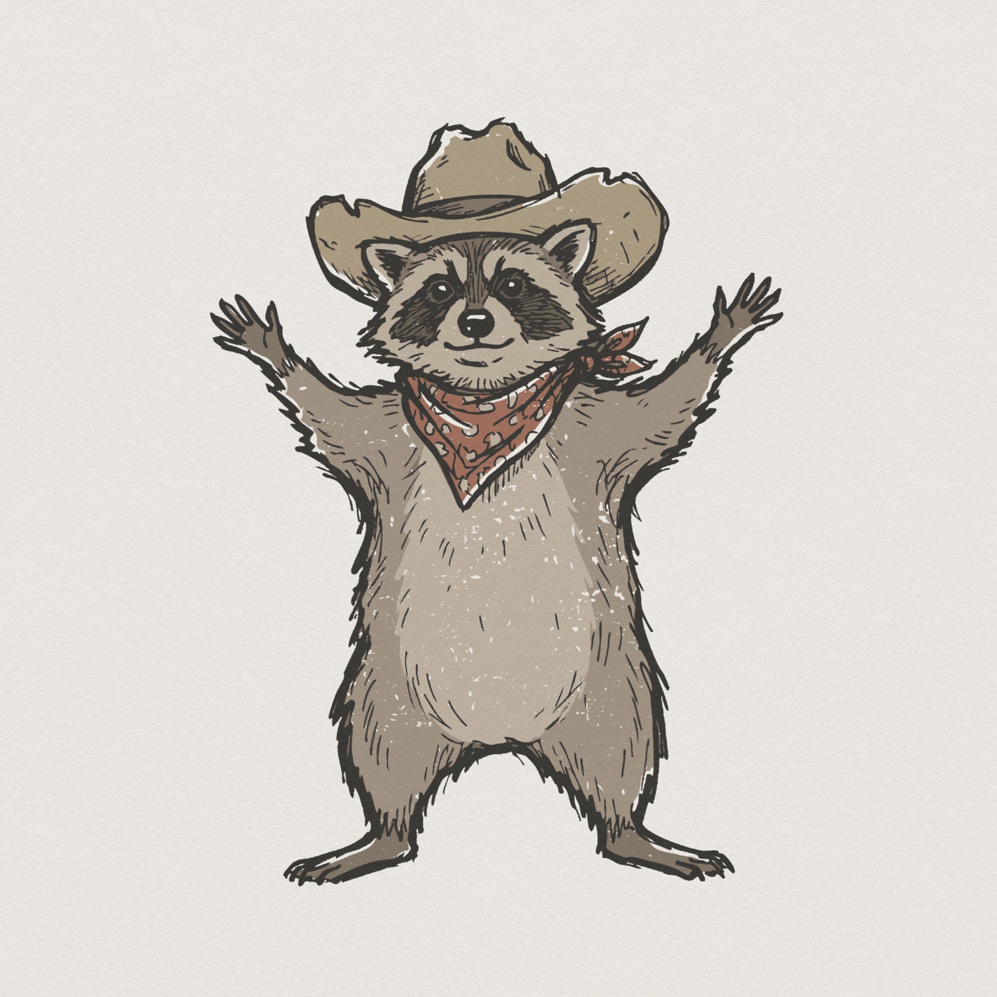 Vintage style hand-drawn cowboy raccoon wearing a western hat and bandana, perfect for sublimation shirts, stickers, and rustic country-themed apparel.
