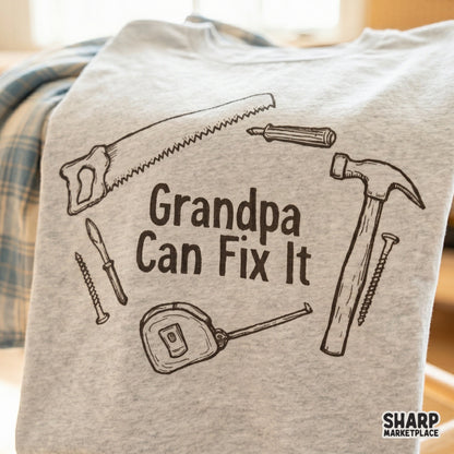 Grandpa Can Fix It vintage hand drawn tools PNG for funny Fathers Day handyman shirts and DIY dad gift designs