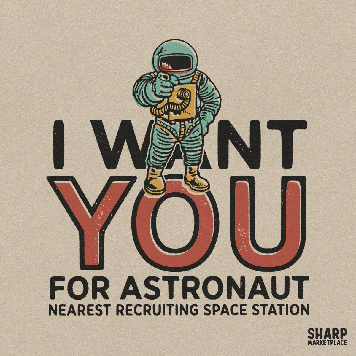 Retro sci-fi astronaut recruiting space station digital PNG design for t-shirts and sublimation transfers