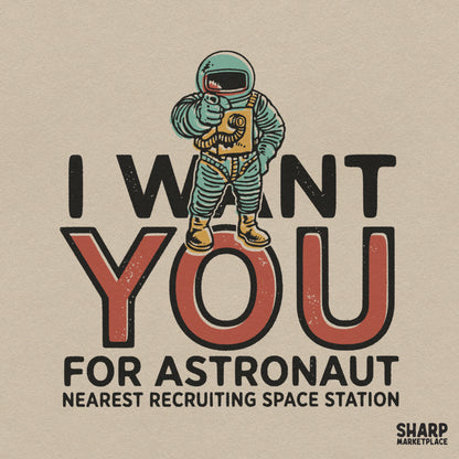 Retro sci-fi astronaut recruiting space station digital PNG design for t-shirts and sublimation transfers
