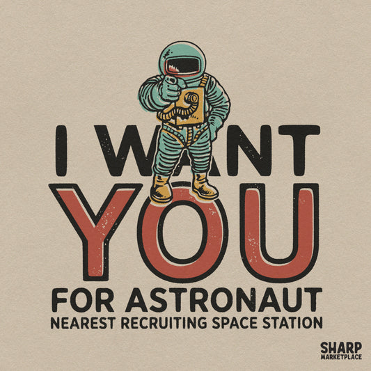 Retro sci-fi astronaut recruiting space station digital PNG design for t-shirts and sublimation transfers