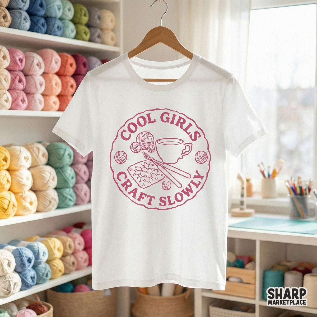 Hand-drawn circular craft illustration with yarn and coffee elements, perfect for creating stickers, printable wall art, or DIY apparel projects.