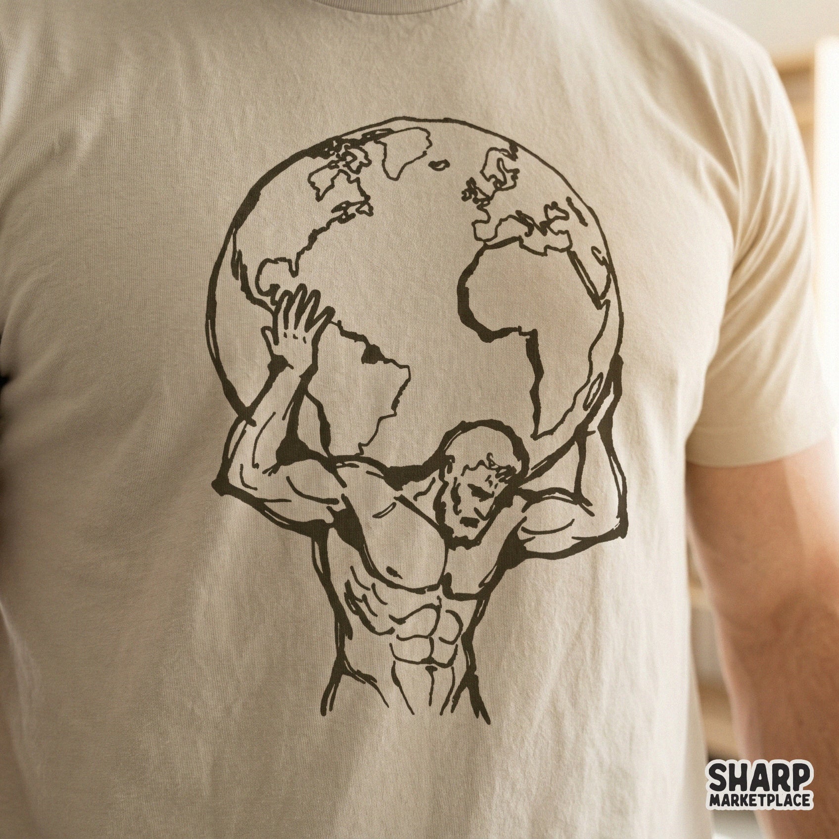 Mythological strongman holding the earth, a high-resolution digital art piece with a retro tattoo aesthetic suitable for sublimation and DIY crafts.