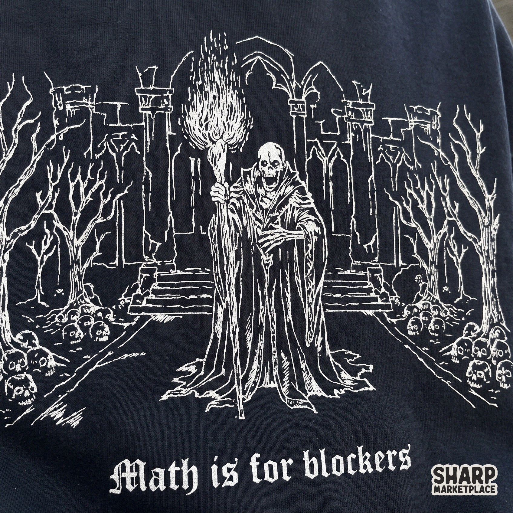 Skeleton wizard skull with retro horror vibes for funny math teacher Halloween shirts and RPG humor digital designs