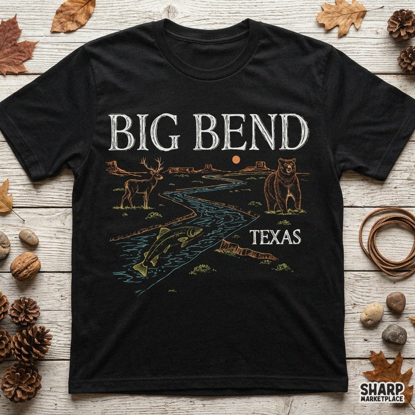 Vintage Big Bend Texas desert scene graphic with bear, deer, and fish for retro sublimation prints