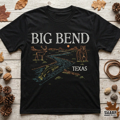 Vintage Big Bend Texas desert scene graphic with bear, deer, and fish for retro sublimation prints