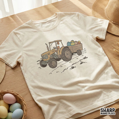Cream-colored t-shirt featuring a vintage tractor design with a trailer full of Easter eggs, perfect for spring apparel sublimation.