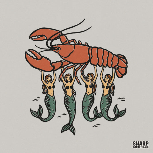 Retro illustration of four mermaids with green tails and seashell tops lifting a large orange lobster, perfect for summer beach apparel sublimation.