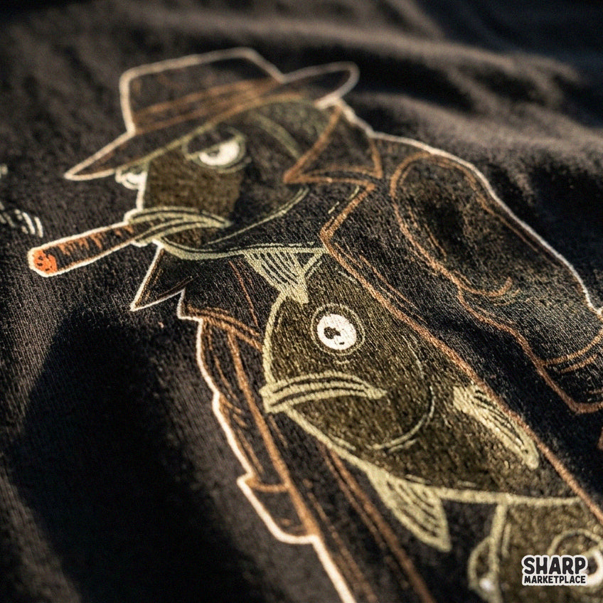 Three fish stacked in a trench coat smoking a cigar funny animal meme sublimation PNG design for t-shirts