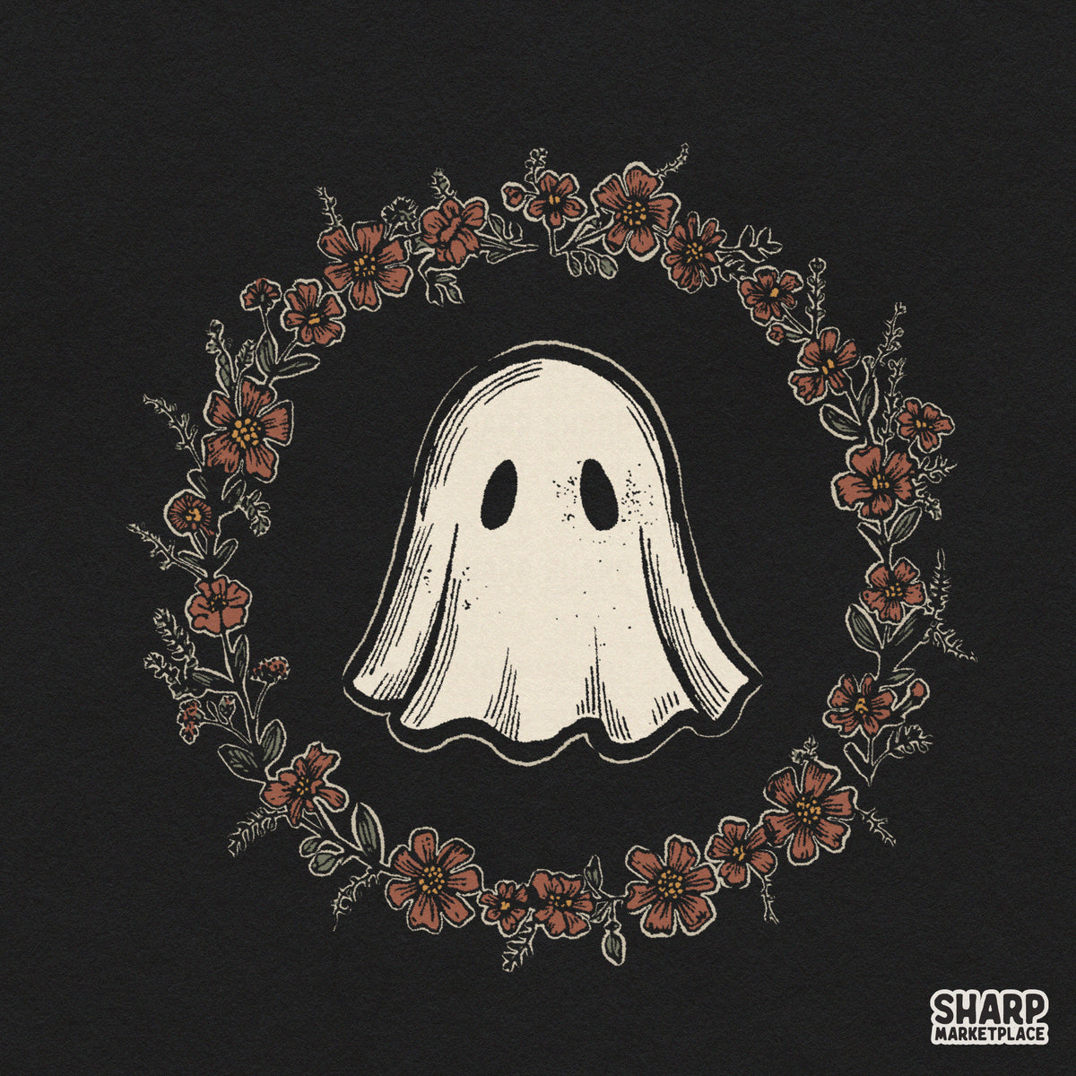 Cute ghost inside a floral wreath kawaii autumn Halloween PNG design for t-shirt sublimation and craft prints