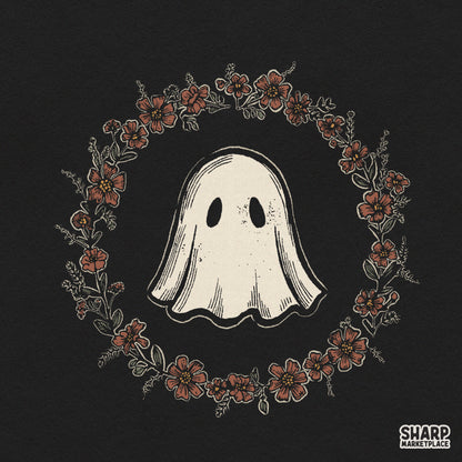 Cute ghost inside a floral wreath kawaii autumn Halloween PNG design for t-shirt sublimation and craft prints