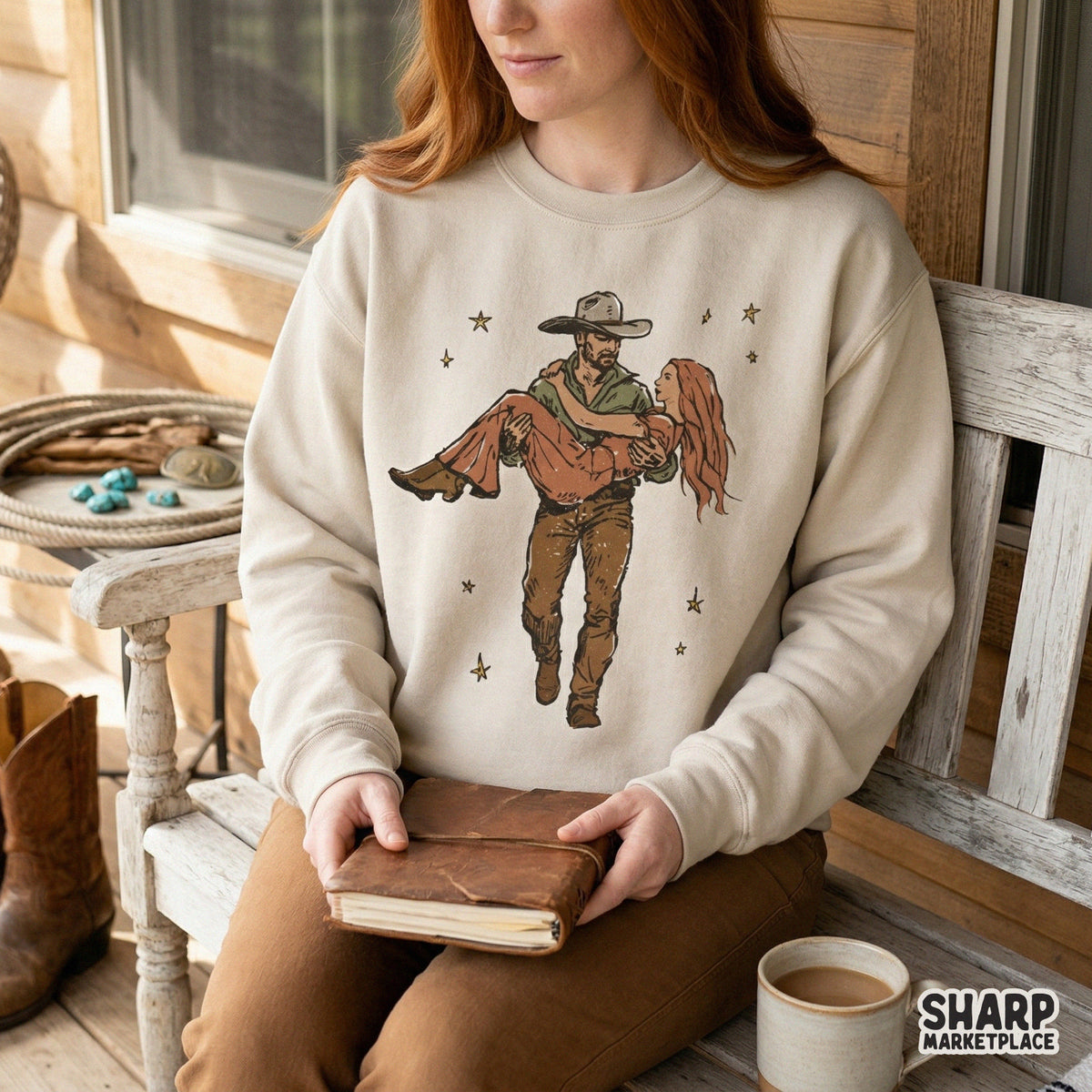 Vintage-inspired western couple graphic with a grainy texture, suitable for high-quality sublimation transfers, tumblers, and personalized gifts.