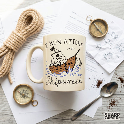 Playful nautical sublimation design featuring a sinking pirate boat, splashing blue waves, and the funny pun text I Run A Tight Shipwreck for DIY apparel.
