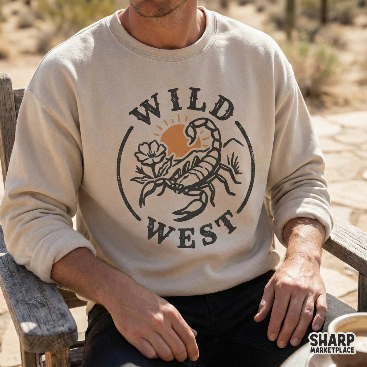 High-resolution western graphic file featuring a scorpion and desert sun, ideal for creating custom cowboy apparel, tumblers, and rustic wall art.