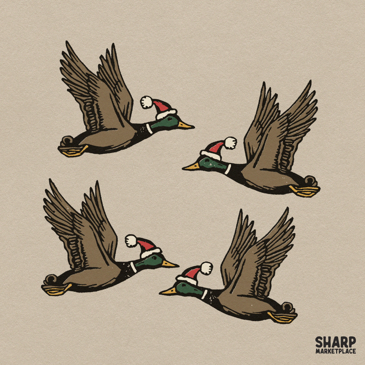 Flying mallard ducks wearing Santa hats festive Christmas sublimation PNG design for holiday shirts and hunting apparel